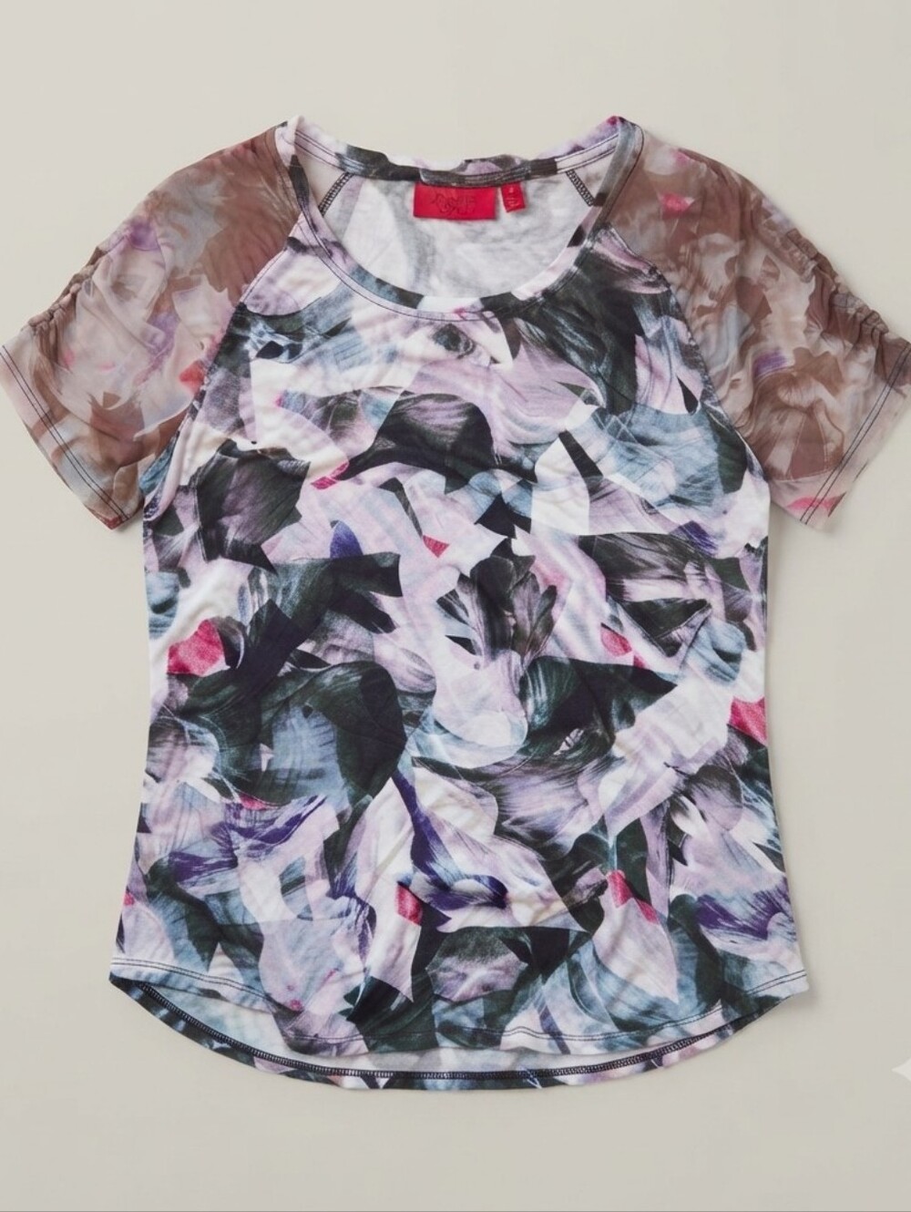 Jennifer Lopez JLo Floral Print Mesh Ruched Sleeve Blouse Tee Size Large